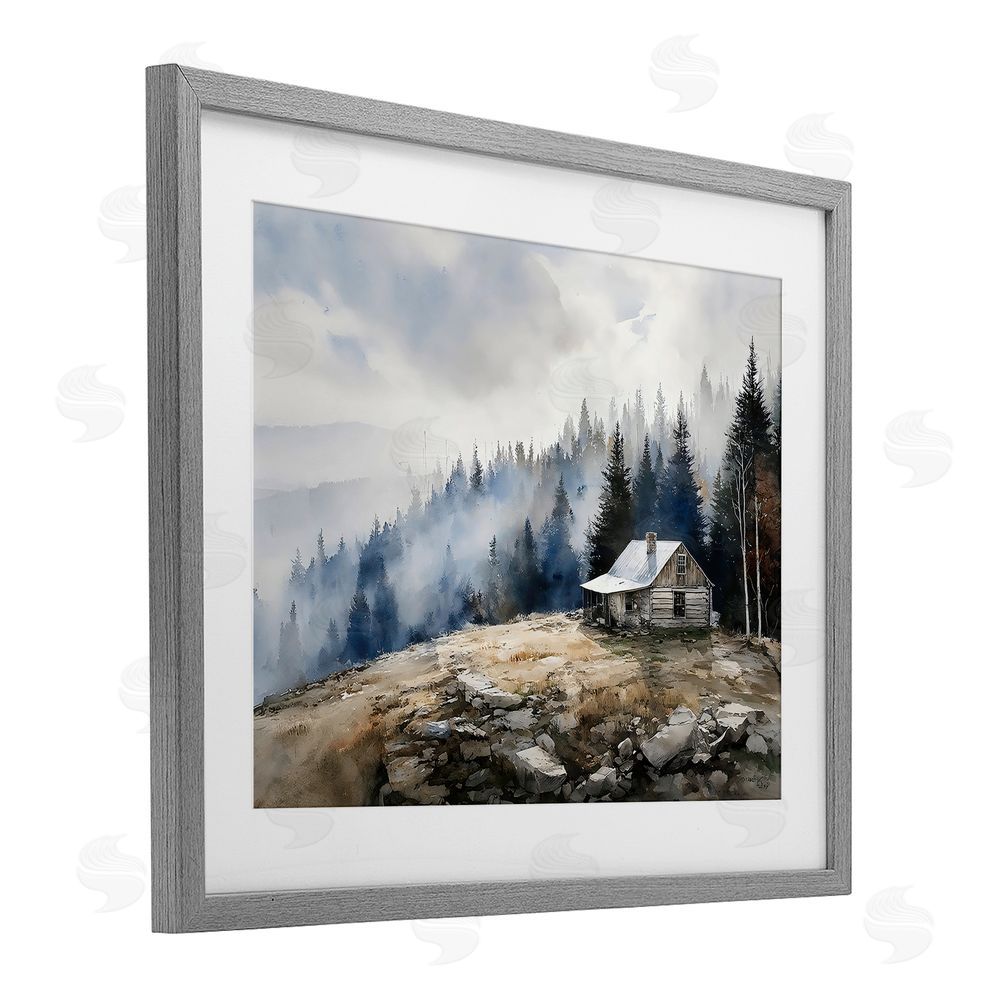 Franklyn Gregory Misty Cabin on Ridge Gray Framed Print Under Glass Wall Art