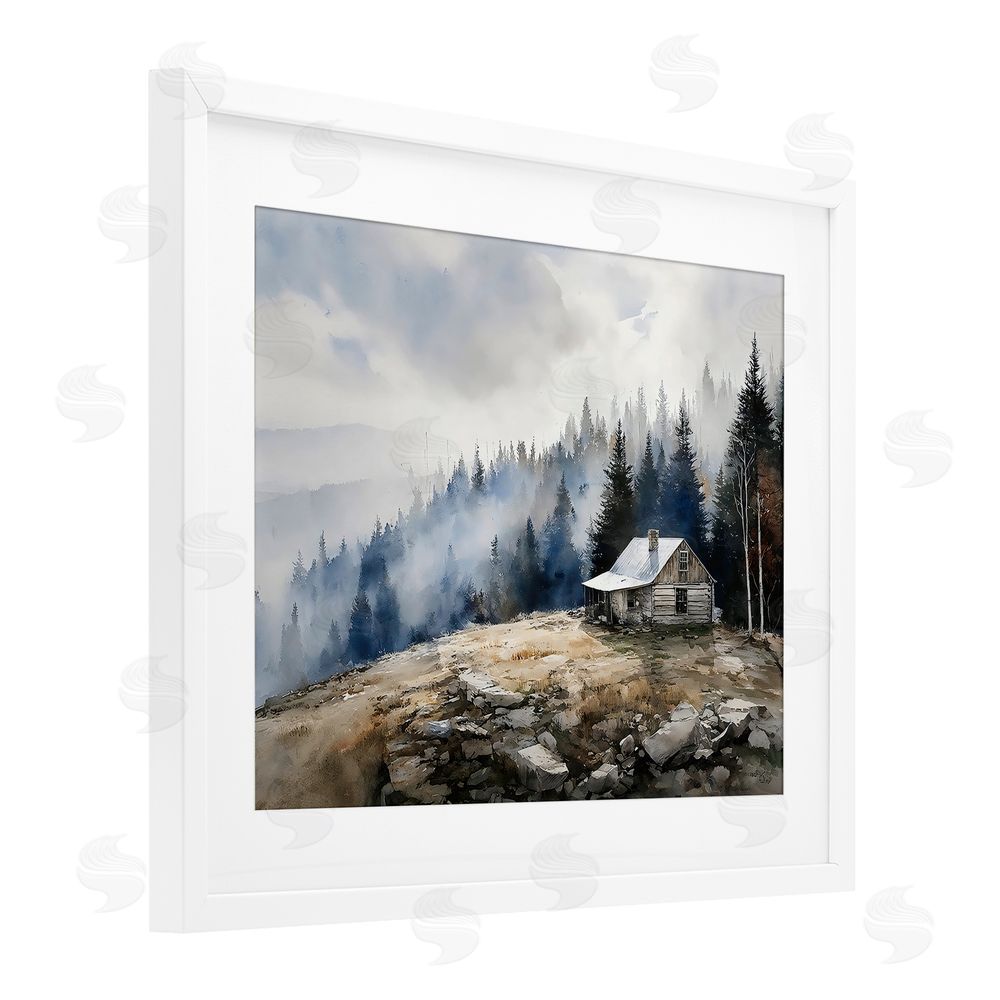 Franklyn Gregory Misty Cabin on Ridge White Framed Print Under Glass Wall Art