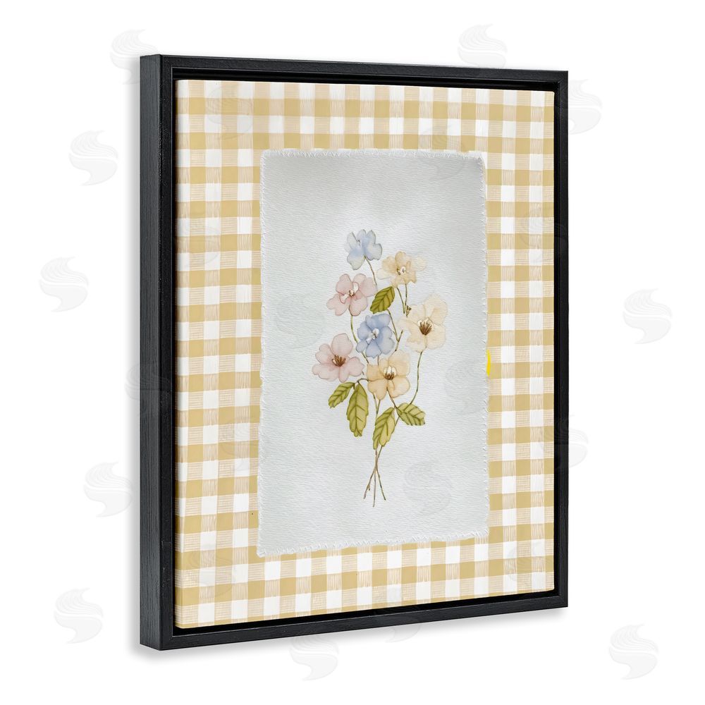 Arlington Prints Soft Gingham Flowers Black Floating Framed Canvas Wall Art Print