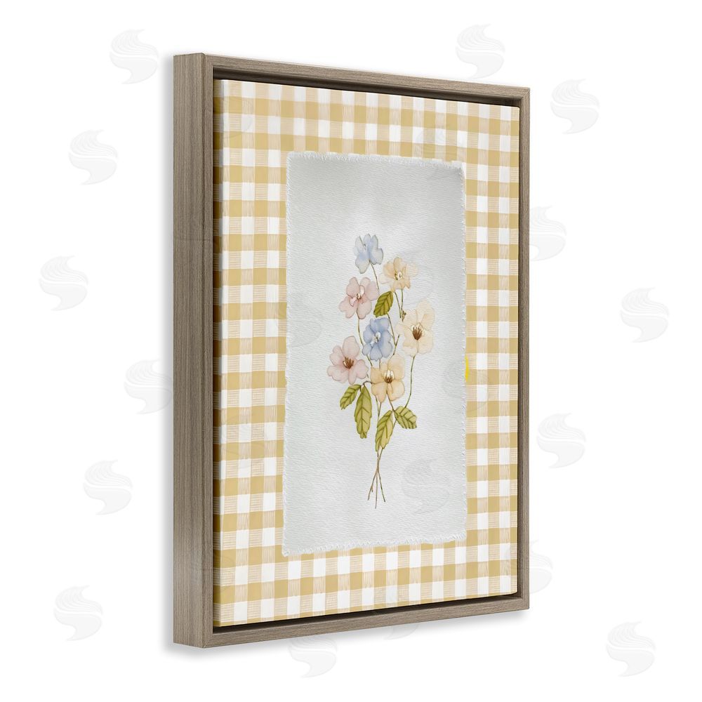 Arlington Prints Soft Gingham Flowers Brown Floating Framed Canvas Wall Art Print