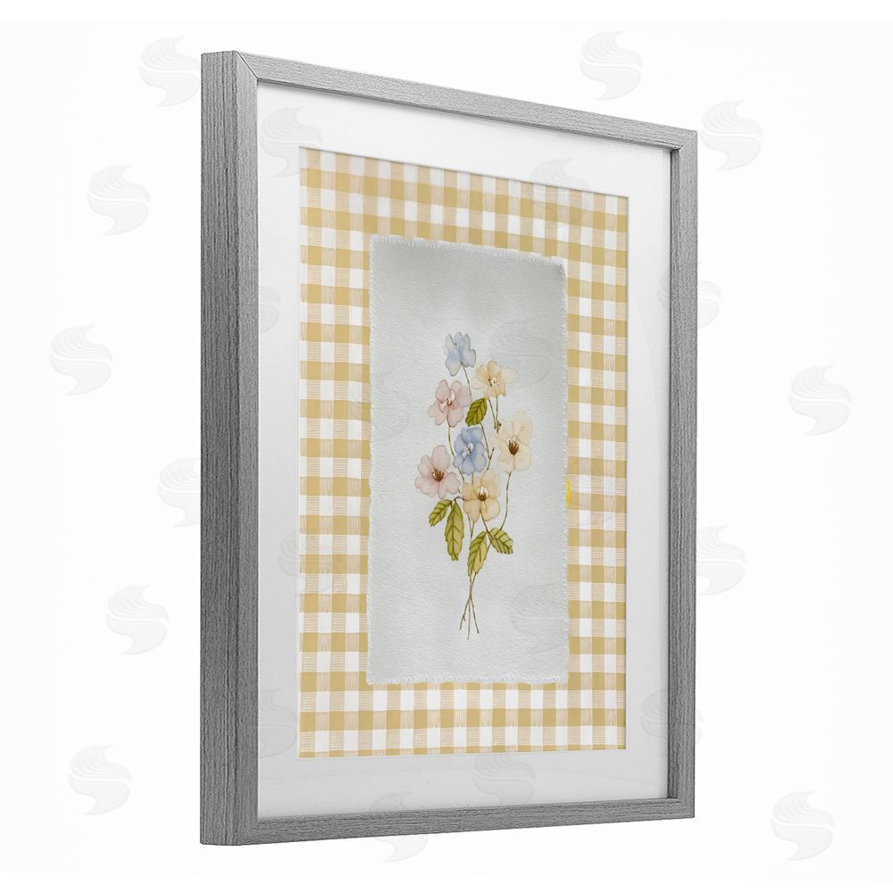 Arlington Prints Soft Gingham Flowers Gray Framed Print Under Glass with White Mat Wall Art