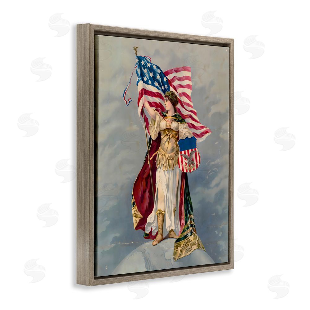 Arlington Prints Columbia Standing with American Flag Brown Floating Frame Canvas Wall Art Print