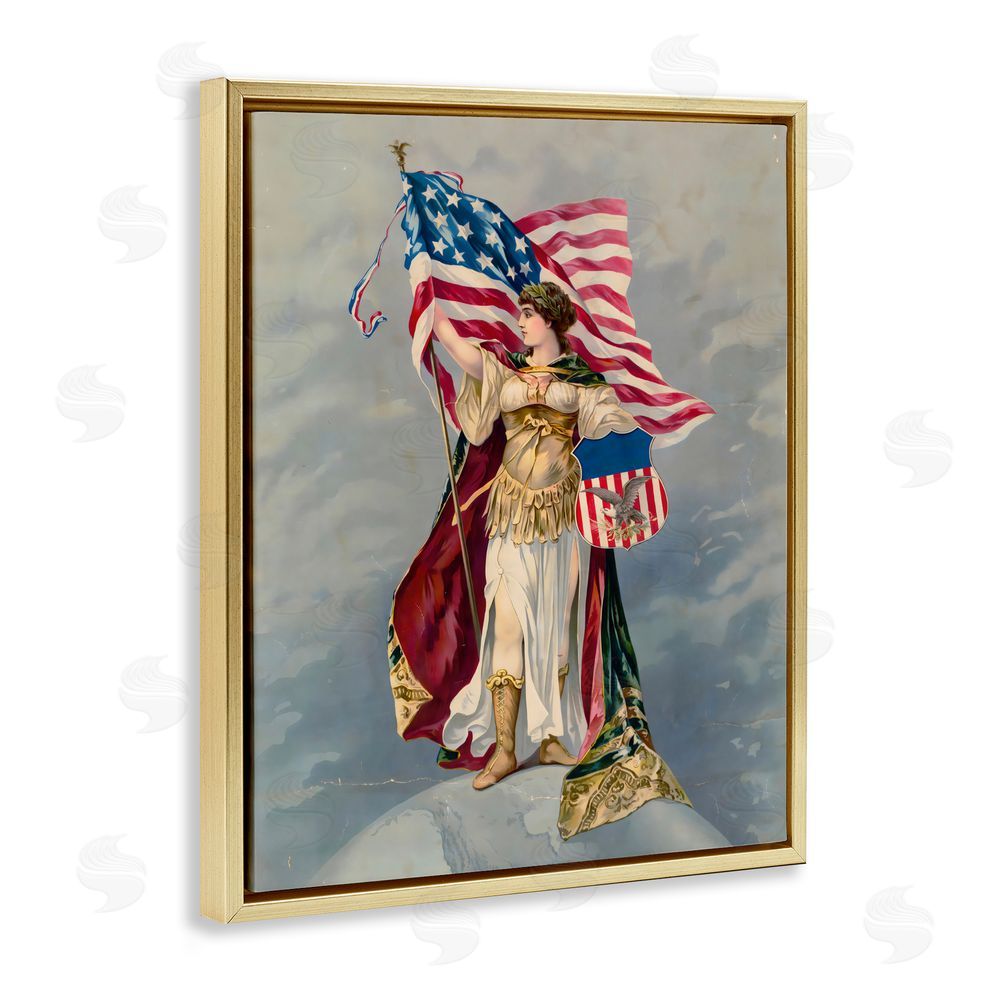Arlington Prints Columbia Standing with American Flag Gold Floating Frame Canvas Wall Art Print