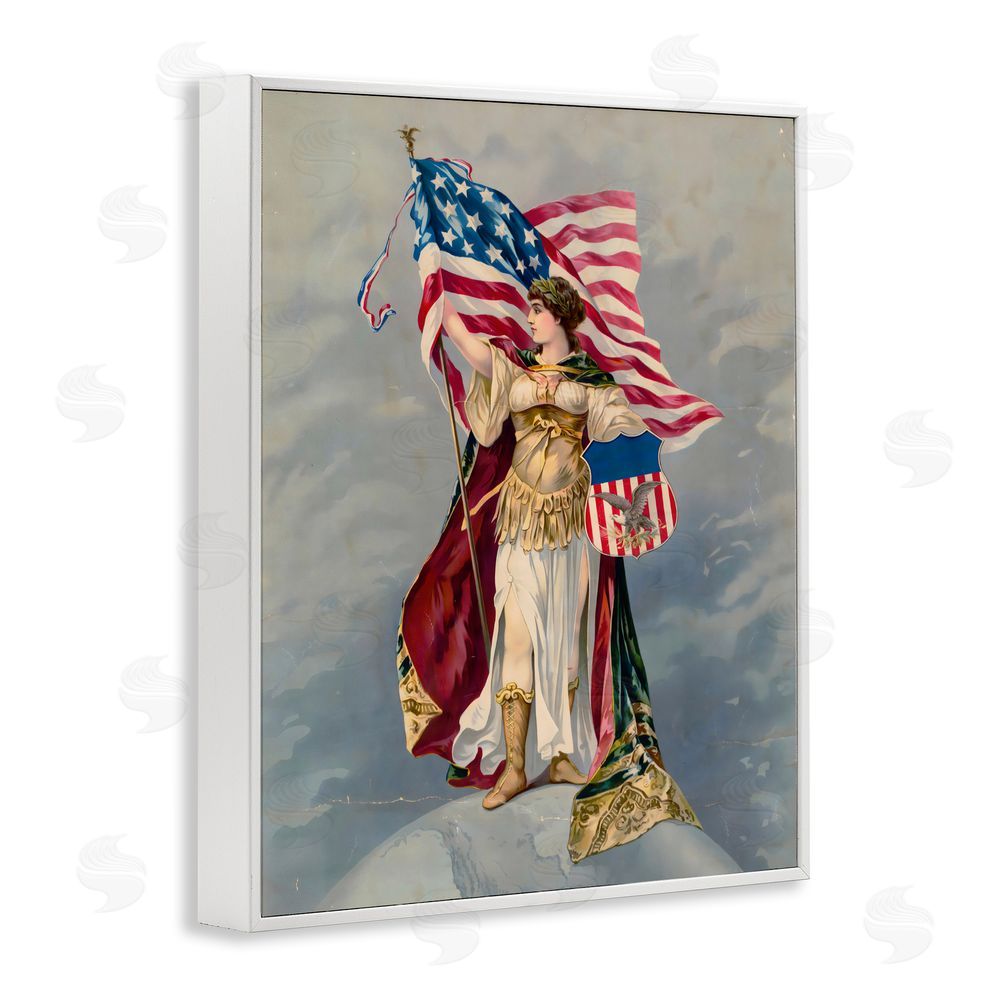 Arlington Prints Columbia Standing with American Flag White Framed Giclee Wall Art Print