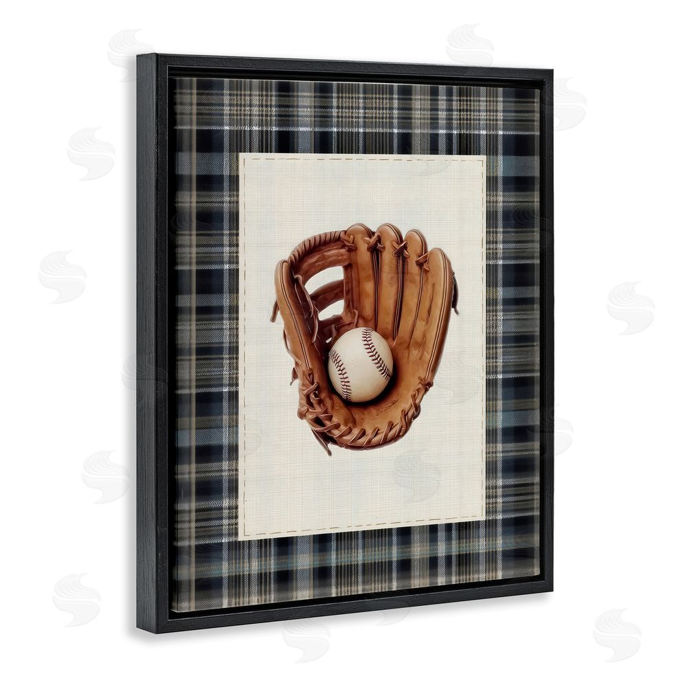Arlington Prints Baseball Glove with Plaid Black Floating Frame Canvas Wall Art Print