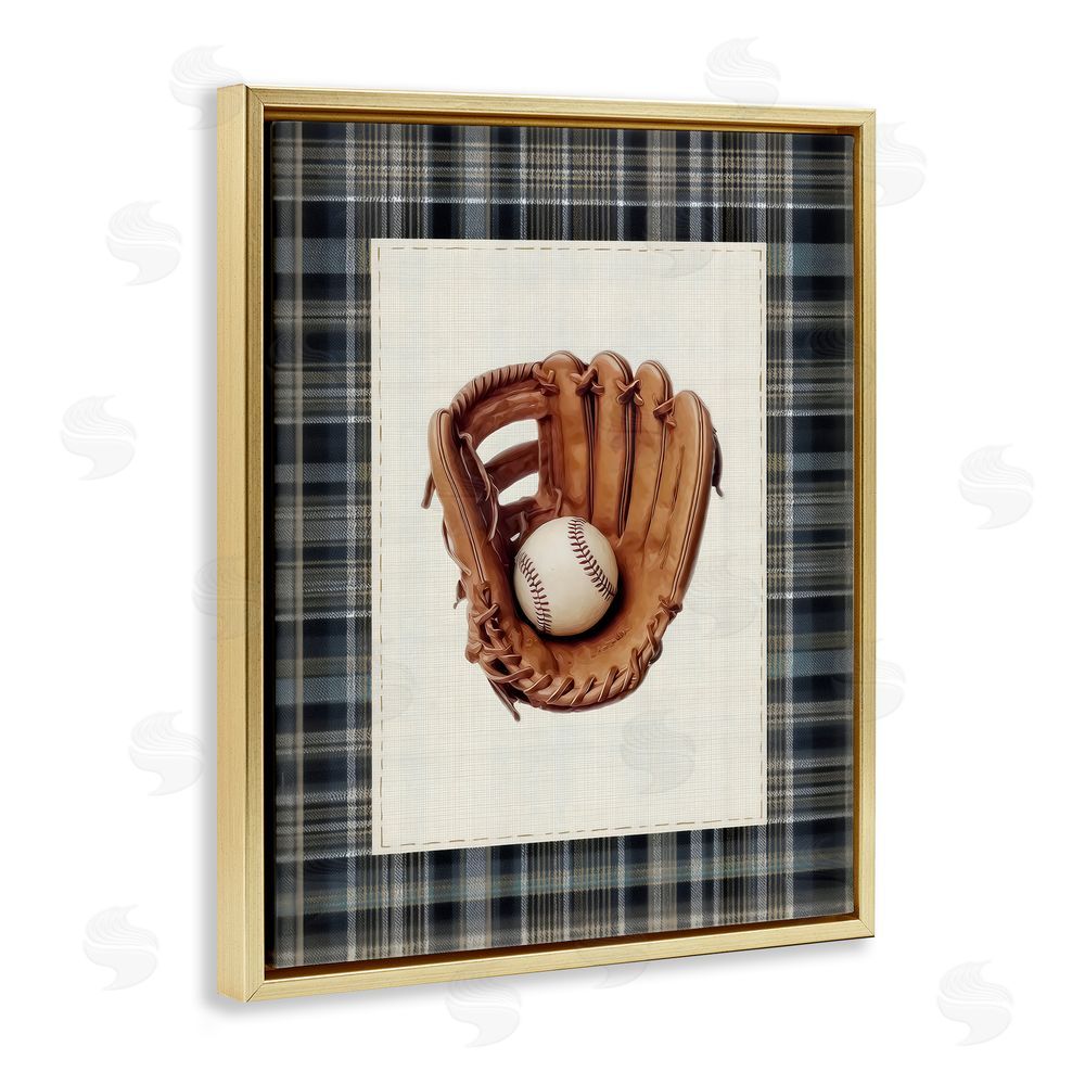 Arlington Prints Baseball Glove with Plaid Gold Floating Frame Canvas Wall Art Print