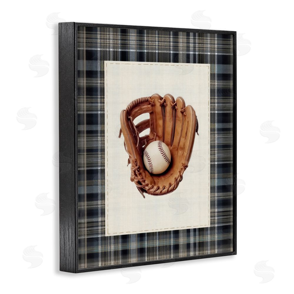 Arlington Prints Baseball Glove with Plaid Black Framed Giclee Wall Art Print