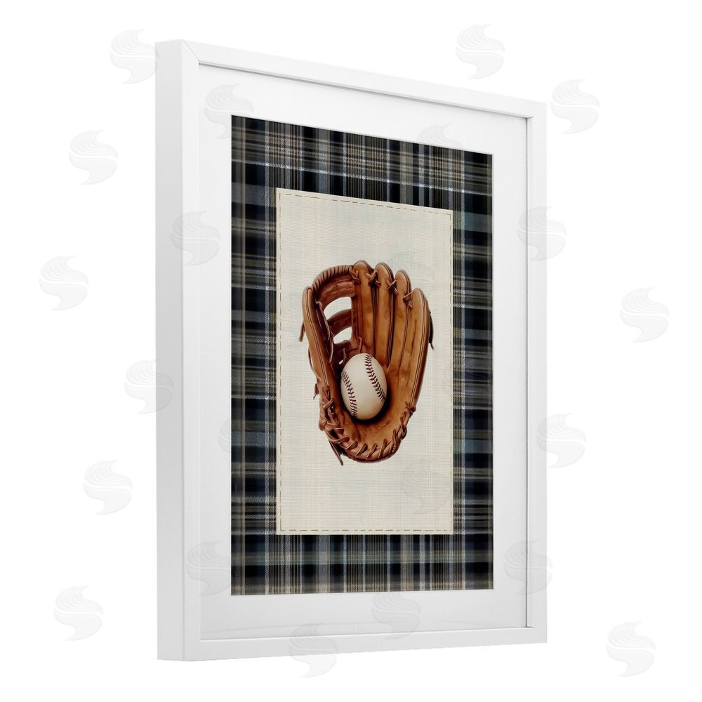 Arlington Prints Baseball Glove with Plaid White Framed Print Under Glass Wall Art