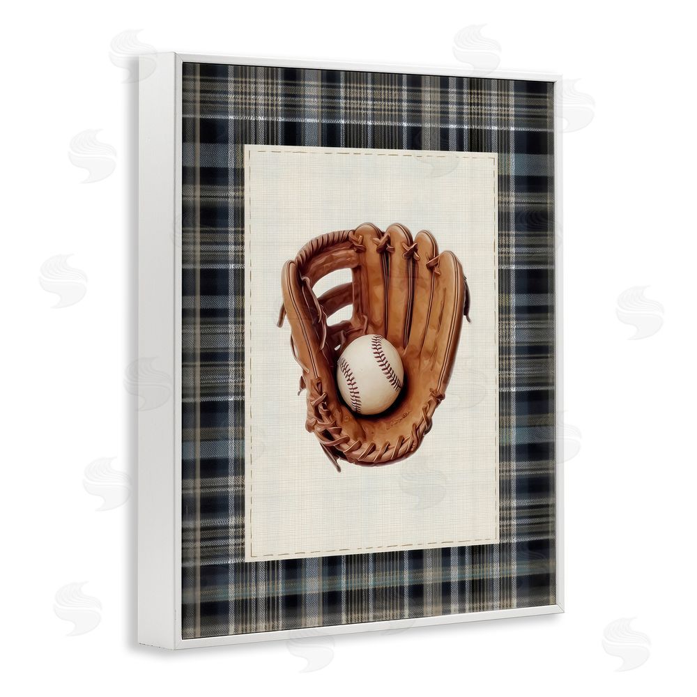 Arlington Prints Baseball Glove with Plaid White Framed Giclee Wall Art Print