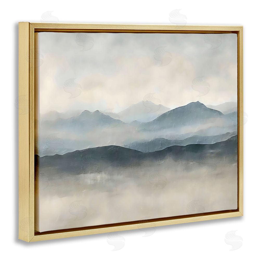 Riley B Misty Muted Mountainscape Gold Floating Framed Canvas Wall Art