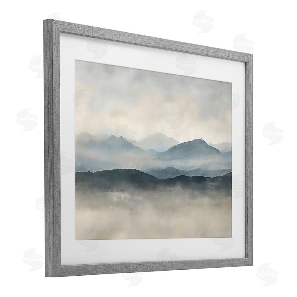 Riley B Misty Muted Mountainscape Gray Framed Print Under Glass Wall Art