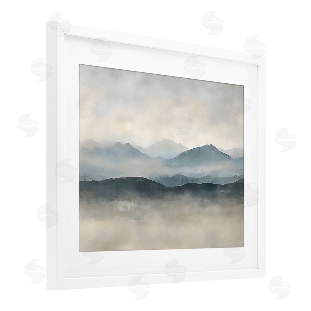 Riley B Misty Muted Mountainscape White Framed Print Under Glass Wall Art