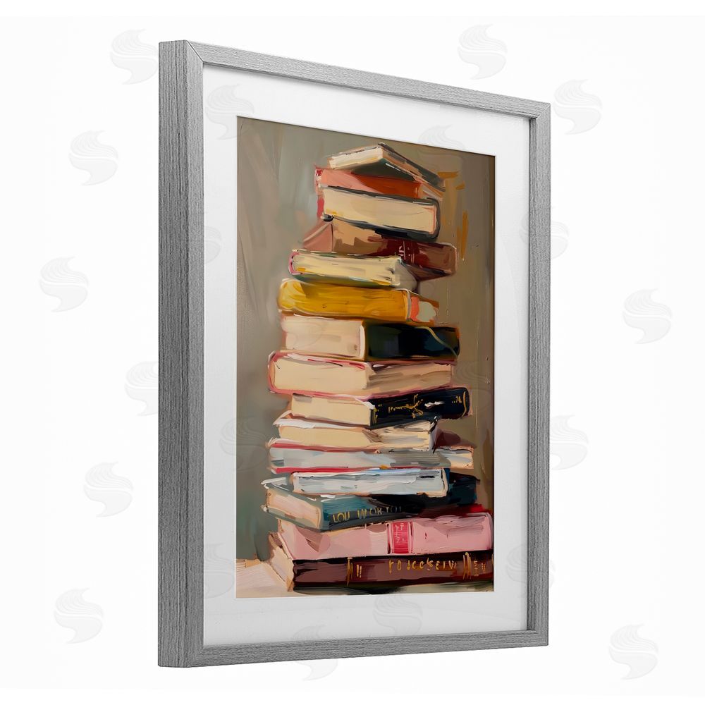 LSR Design Studio Well Loved Bookstack Gray Framed Print Under Glass with White Mat Wall Art