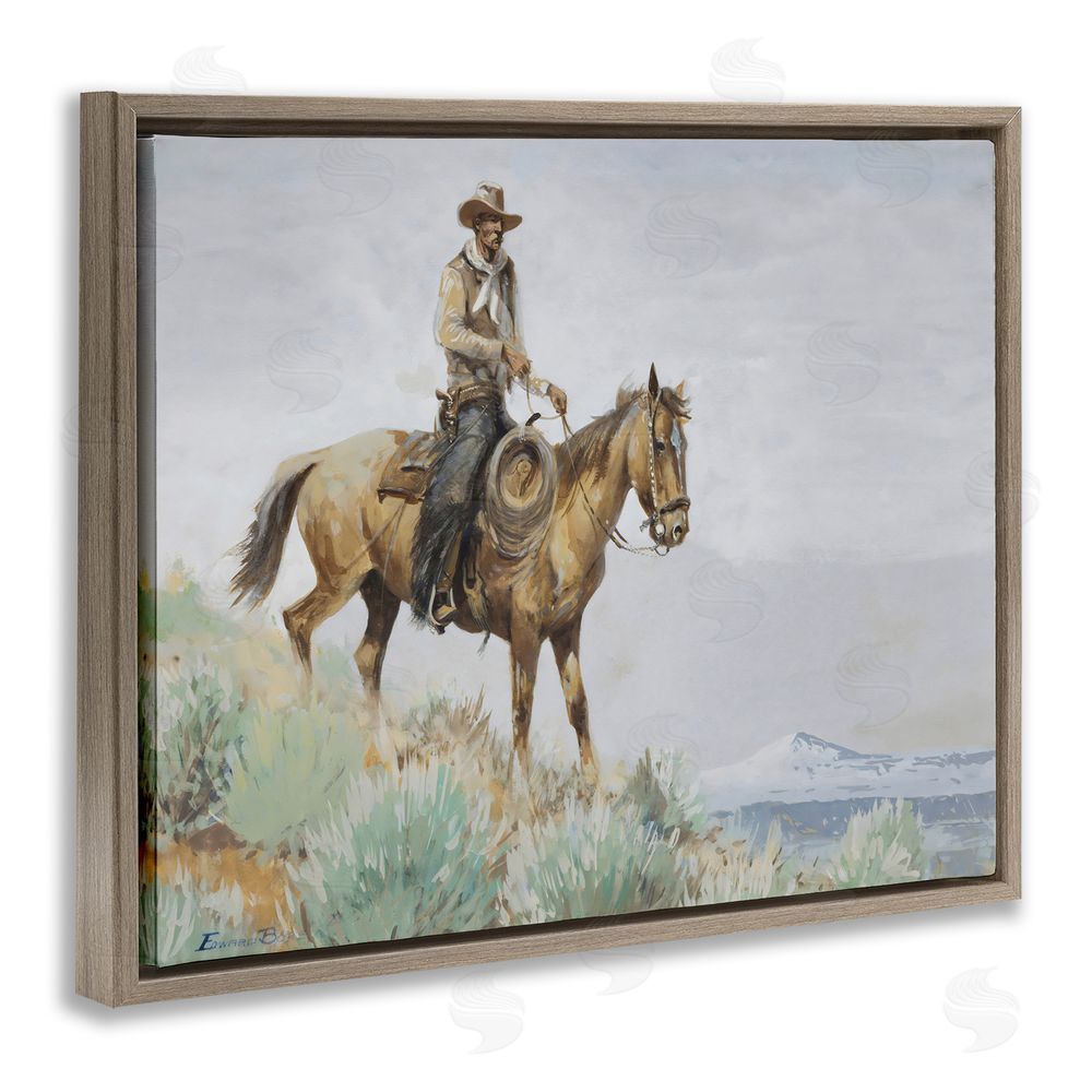 Arlington Prints Mounted Cowboy on Sagebrush Ridge Brown Floating Framed Canvas Wall Art