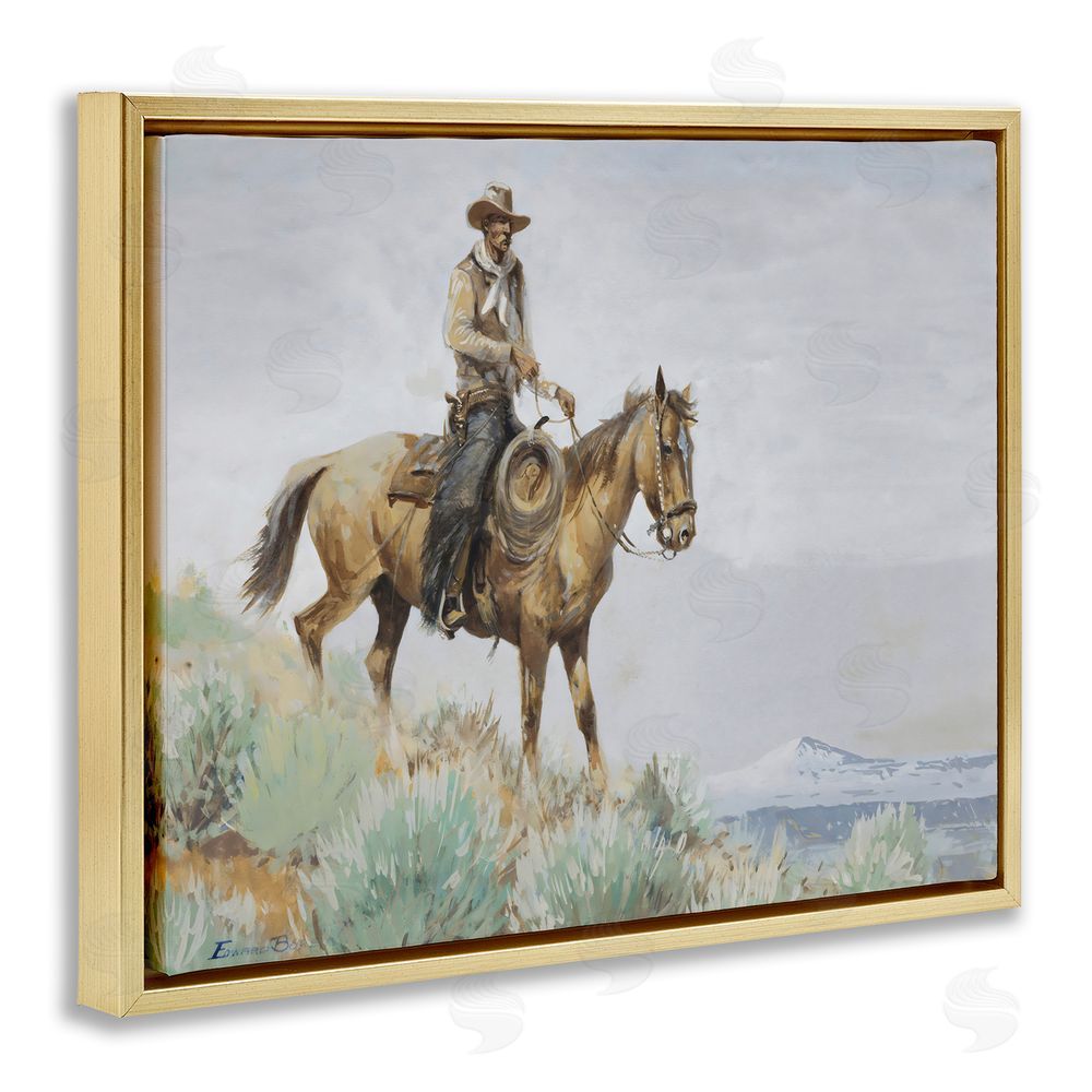 Arlington Prints Mounted Cowboy on Sagebrush Ridge Gold Floating Framed Canvas Wall Art