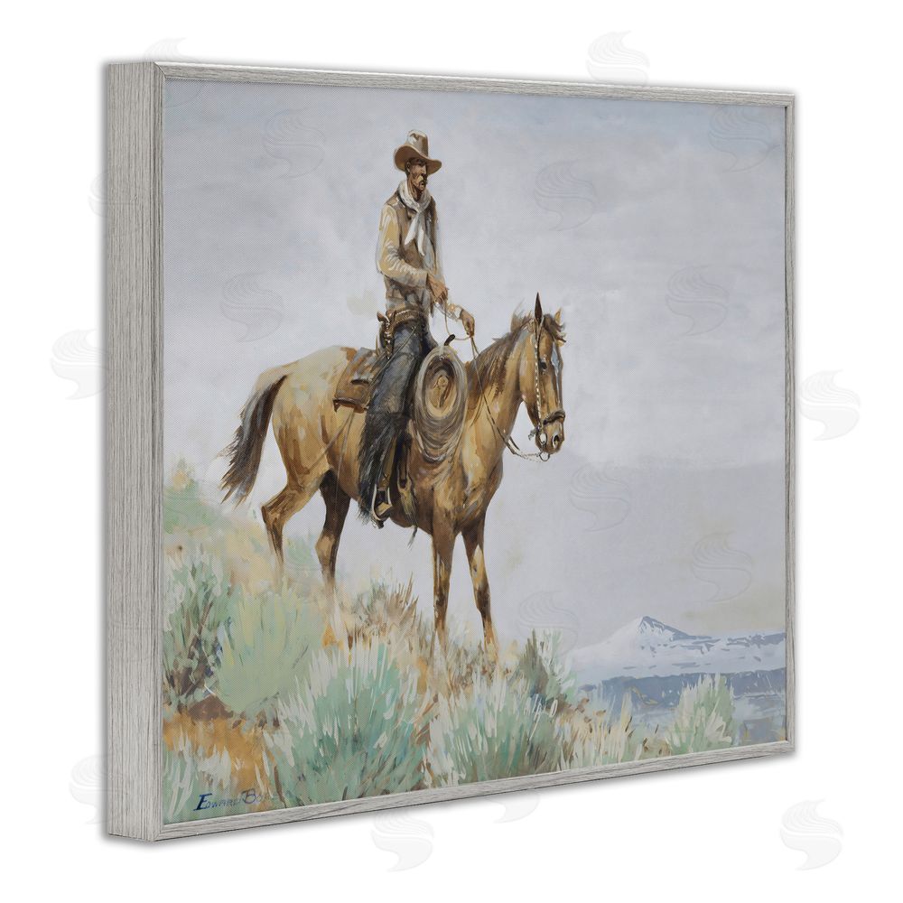 Arlington Prints Mounted Cowboy on Sagebrush Ridge Gray Framed Giclee Wall Art