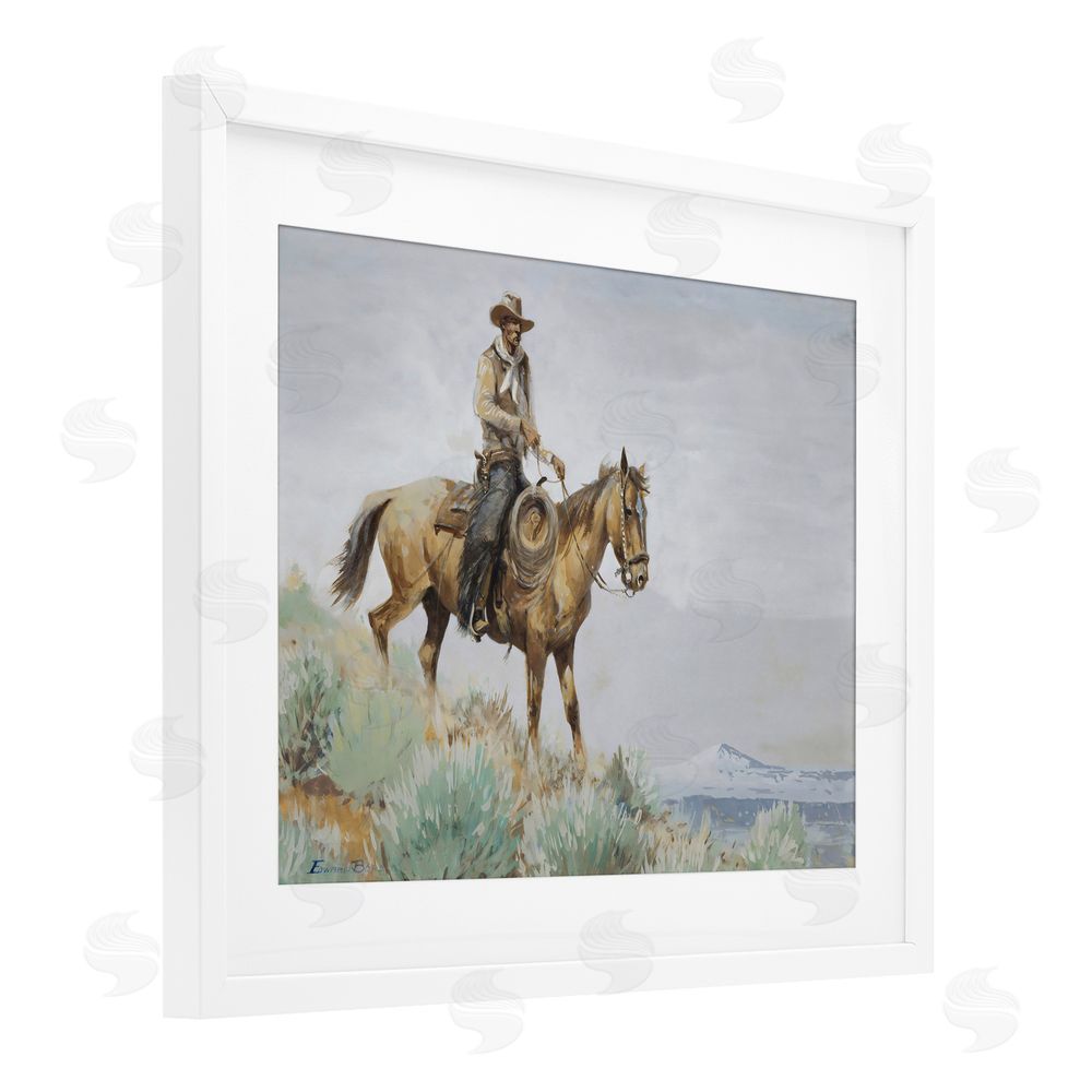Arlington Prints Mounted Cowboy on Sagebrush Ridge White Framed Print Under Glass Wall Art