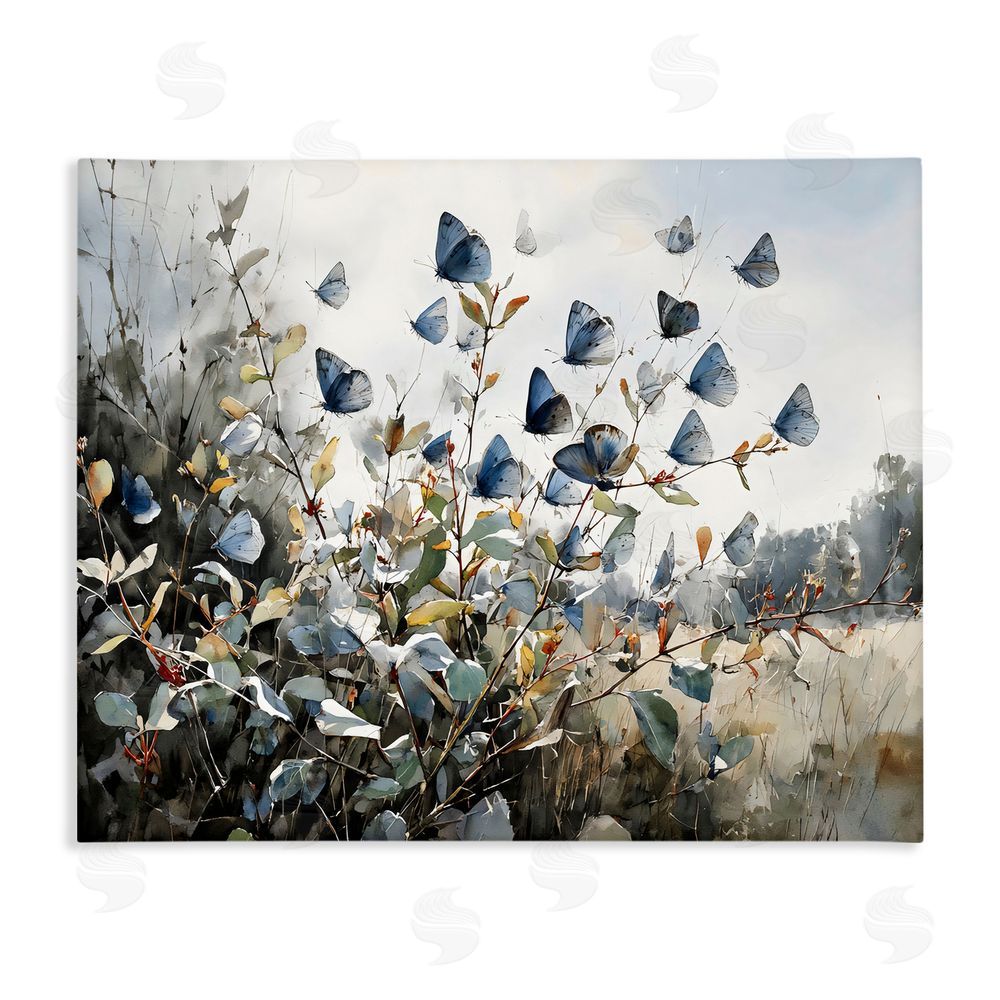 Franklyn Gregory Blue Butterflies Among Meadow Leaves Stretched Canvas Wall Art Print