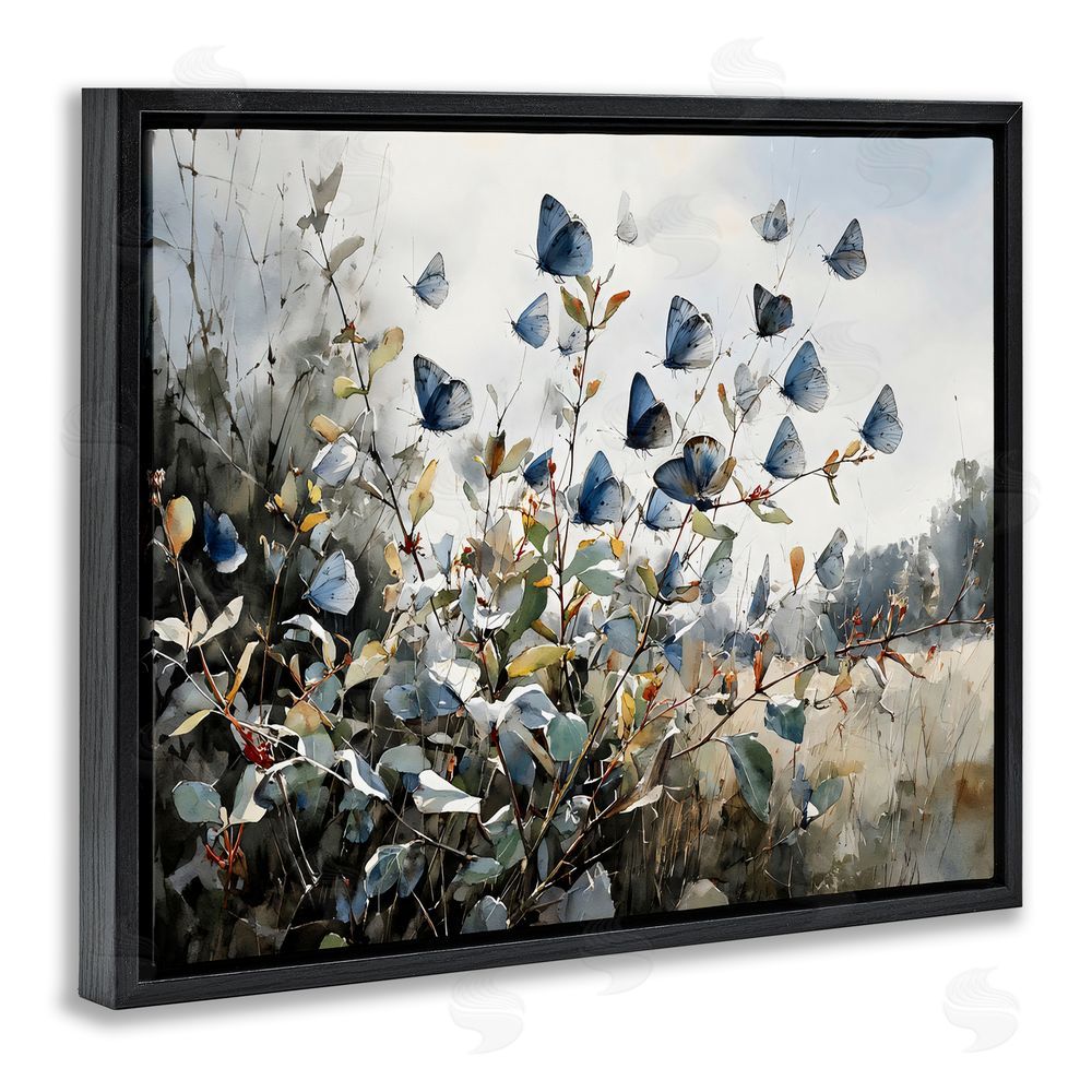 Franklyn Gregory Blue Butterflies Among Meadow Leaves Black Floating Frame Stretched Canvas Wall Art Print