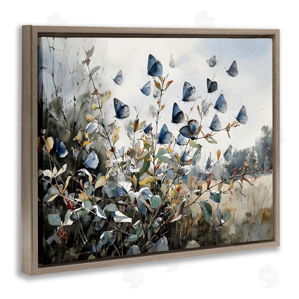 Franklyn Gregory Blue Butterflies Among Meadow Leaves Brown Floating Frame Stretched Canvas Wall Art Print