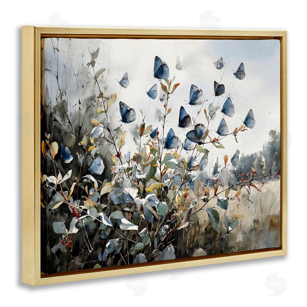Franklyn Gregory Blue Butterflies Among Meadow Leaves Gold Floating Frame Stretched Canvas Wall Art Print