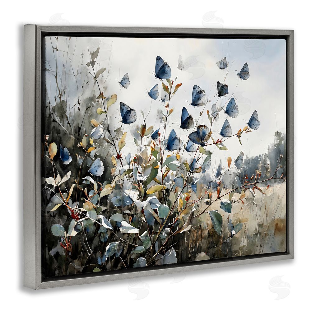 Franklyn Gregory Blue Butterflies Among Meadow Leaves Gray Floating Frame Stretched Canvas Wall Art Print
