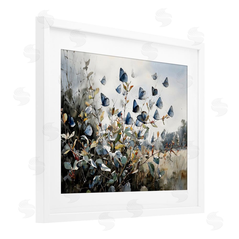 Franklyn Gregory Blue Butterflies Among Meadow Leaves White Framed Print Under Glass with Matting Wall Art
