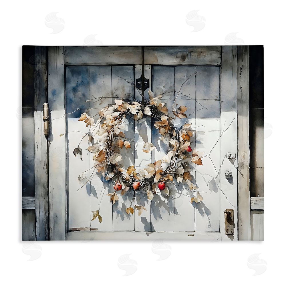 Franklyn Gregory Rustic Wreath on White Door Stretched Canvas Wall Art