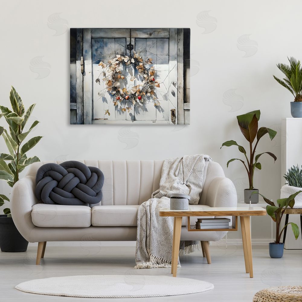 Franklyn Gregory Rustic Wreath on White Door Stretched Canvas Wall Art in Room
