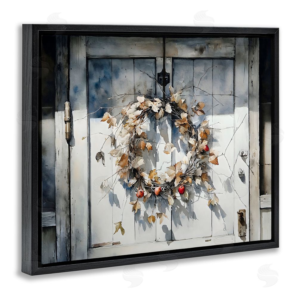 Franklyn Gregory Rustic Wreath on White Door Black Floating Framed Canvas Wall Art