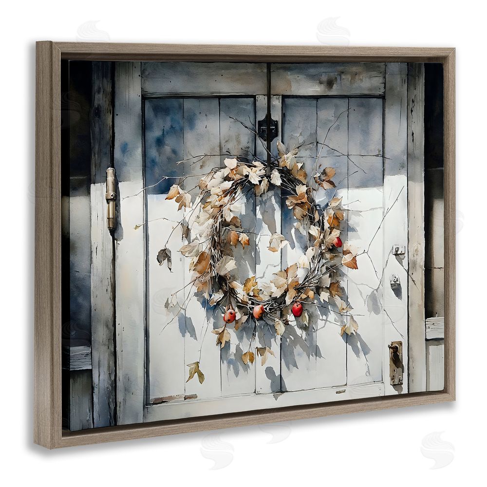 Franklyn Gregory Rustic Wreath on White Door Brown Floating Framed Canvas Wall Art