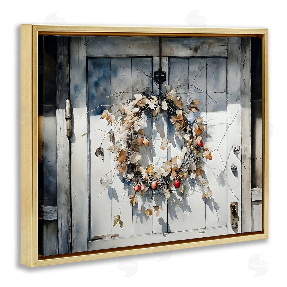 Franklyn Gregory Rustic Wreath on White Door Gold Floating Framed Canvas Wall Art