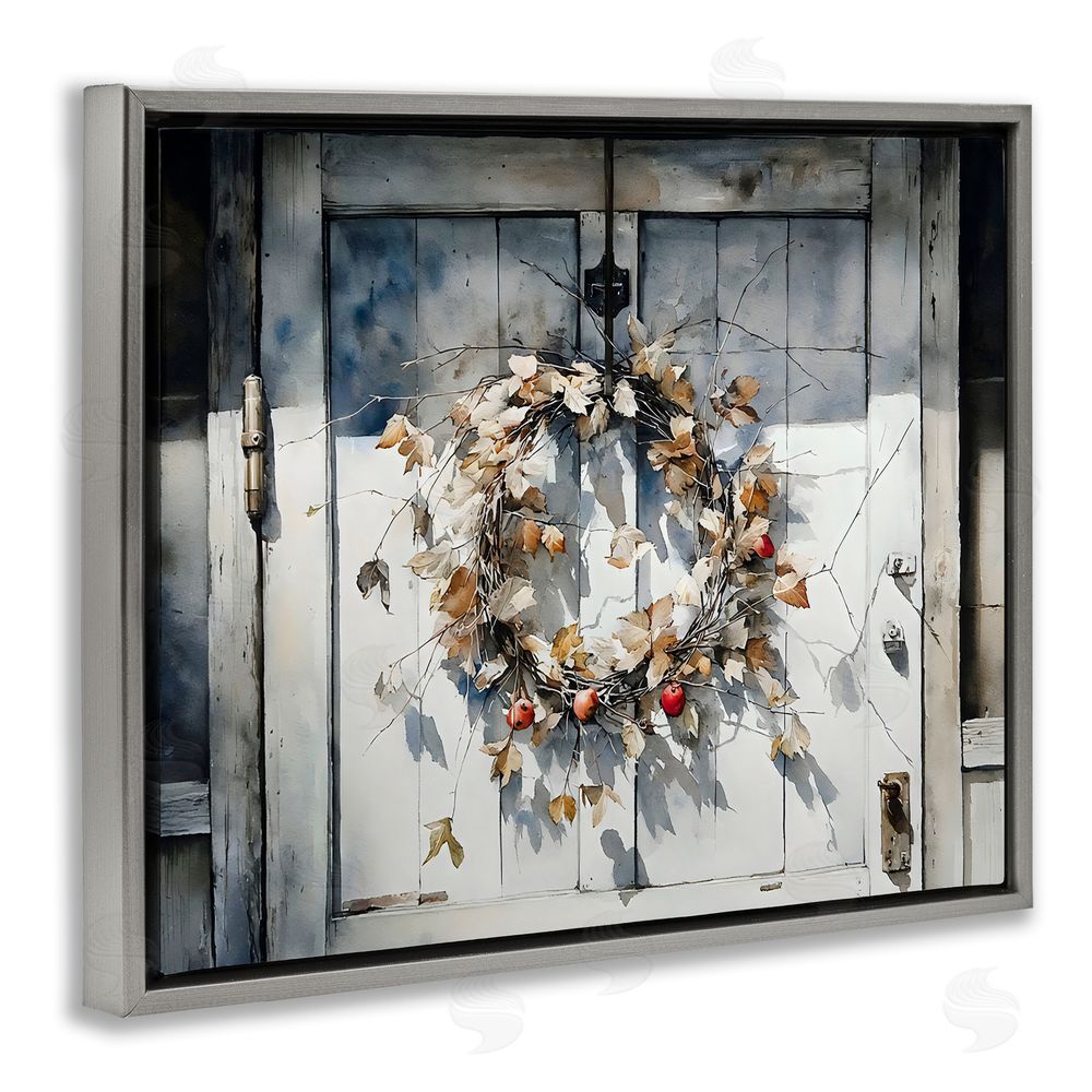 Franklyn Gregory Rustic Wreath on White Door Gray Floating Framed Canvas Wall Art