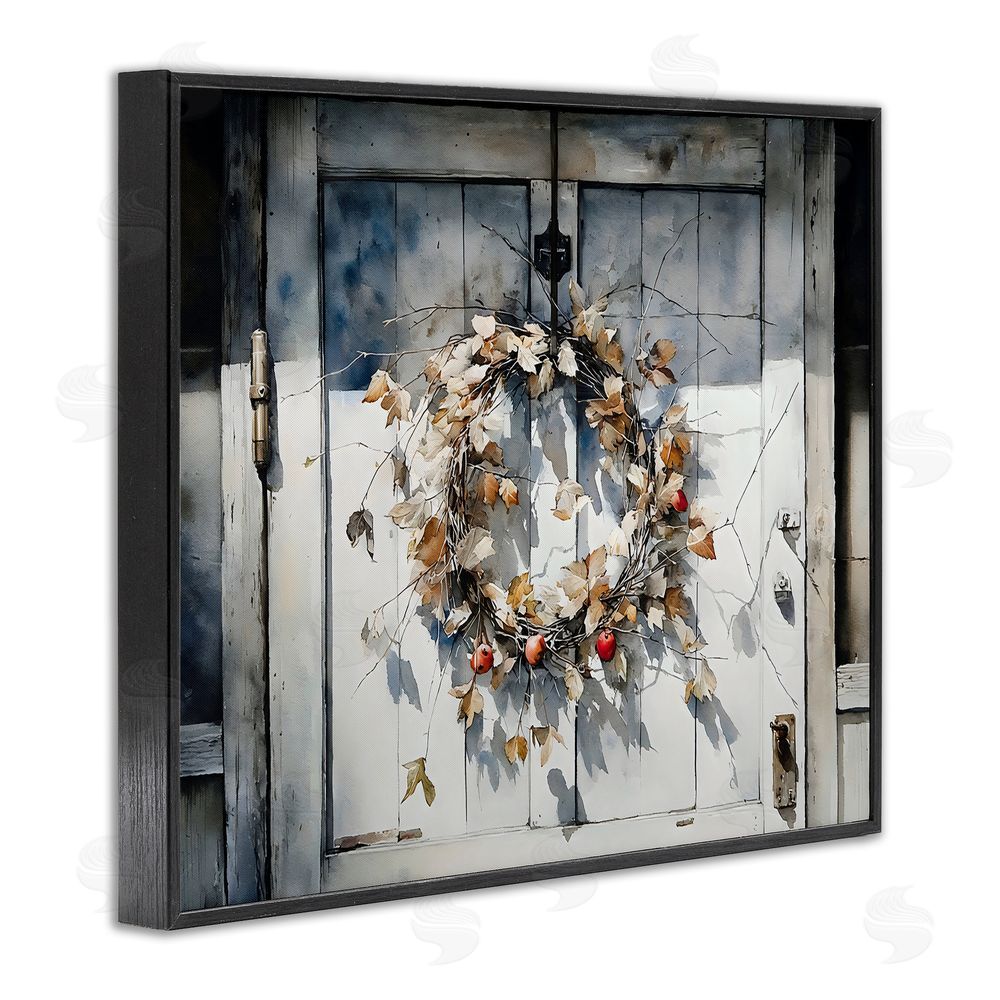 Franklyn Gregory Rustic Wreath on White Door Black Framed Giclee Wall Art