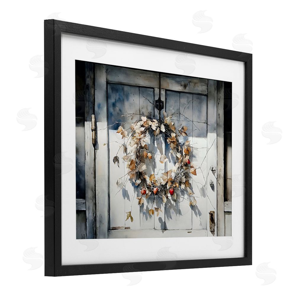 Franklyn Gregory Rustic Wreath on White Door Black Framed Print Under Glass Wall Art
