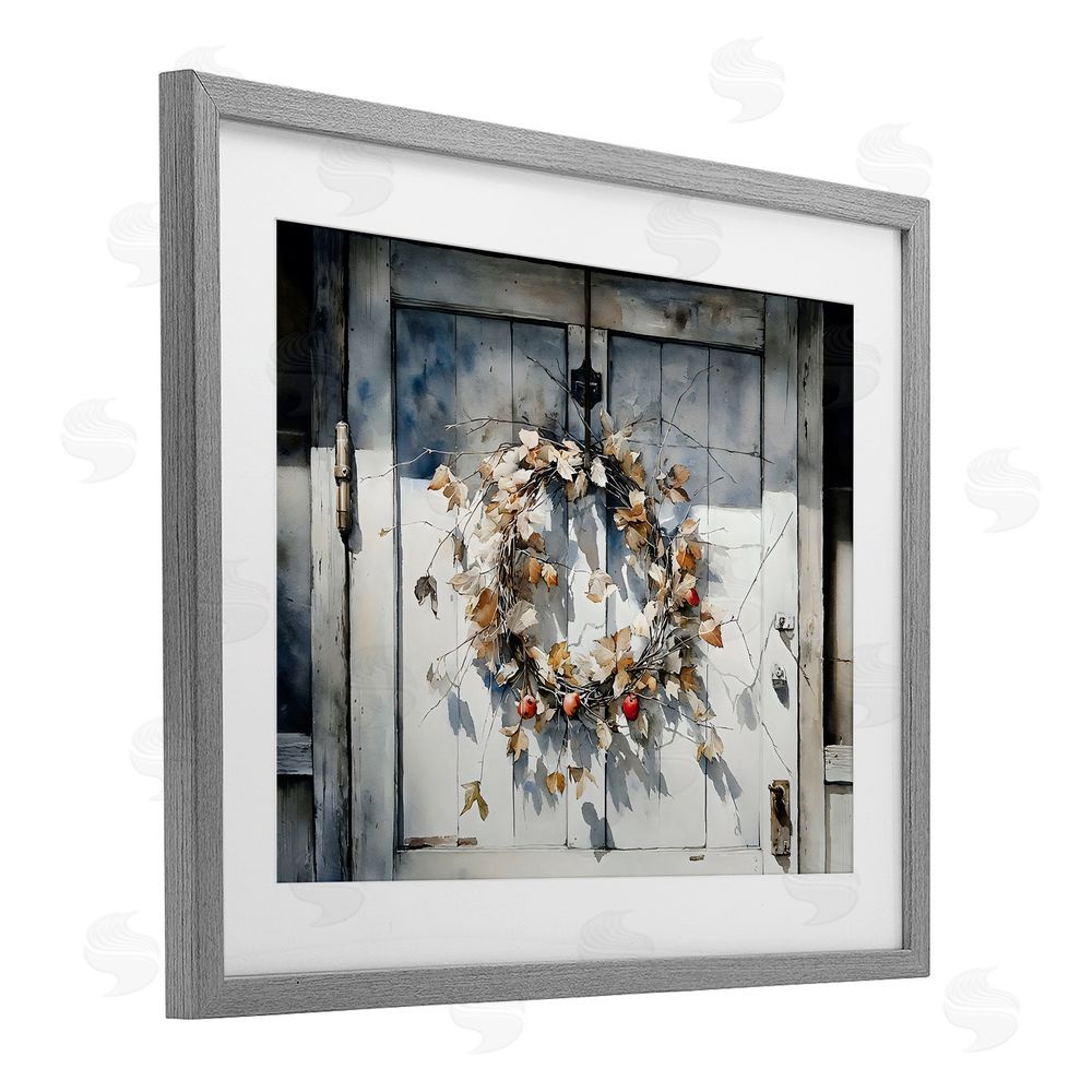 Franklyn Gregory Rustic Wreath on White Door Gray Framed Print Under Glass Wall Art