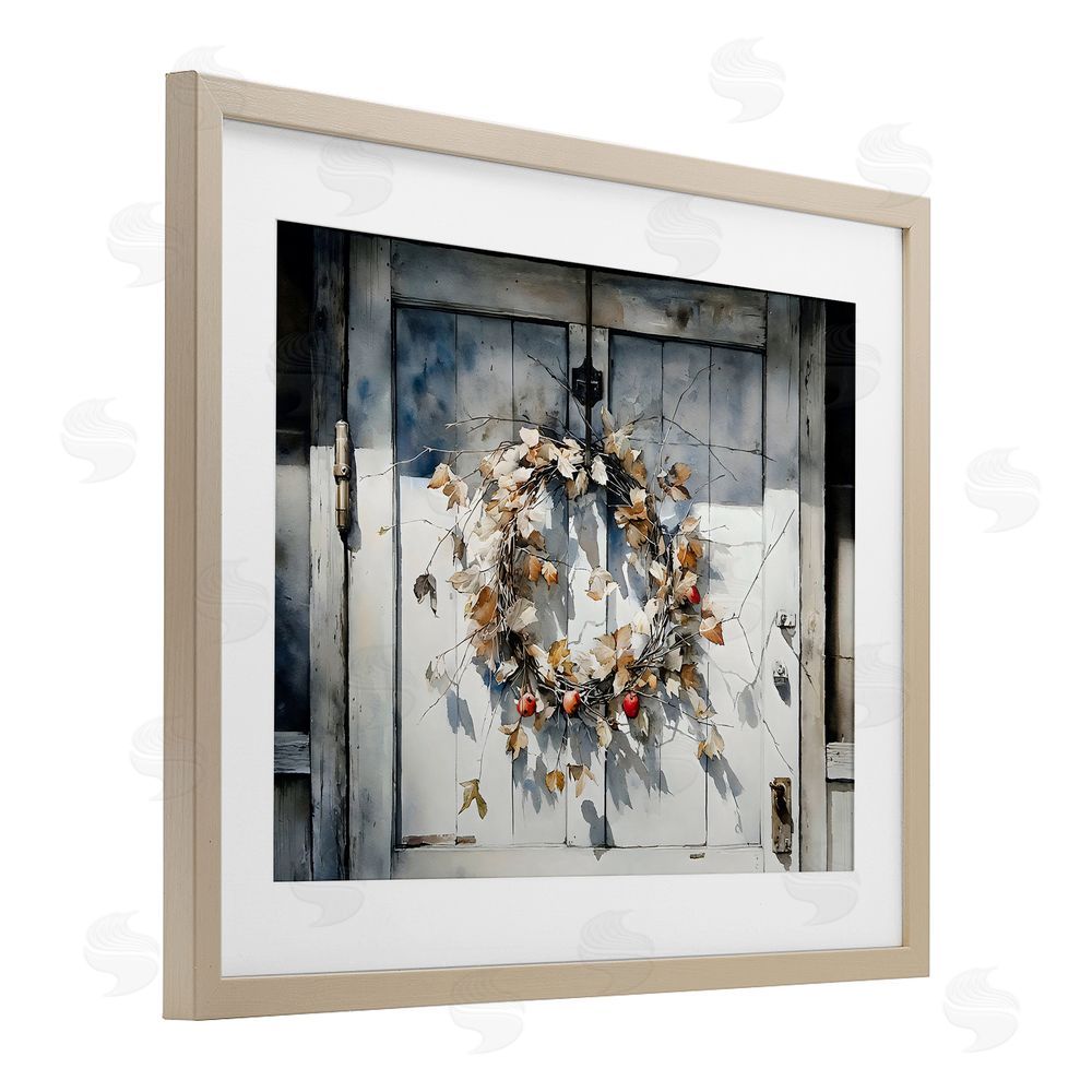 Franklyn Gregory Rustic Wreath on White Door Brown Framed Print Under Glass Wall Art