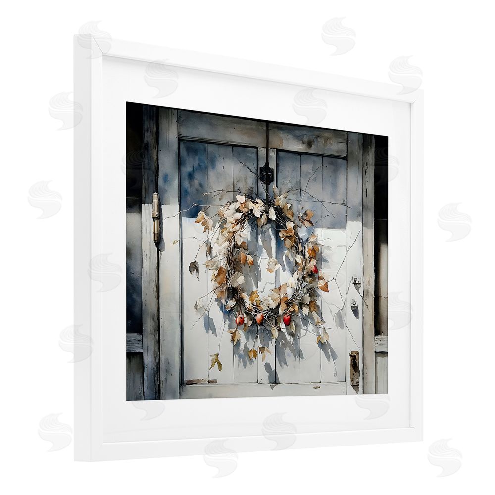 Franklyn Gregory Rustic Wreath on White Door White Framed Print Under Glass Wall Art