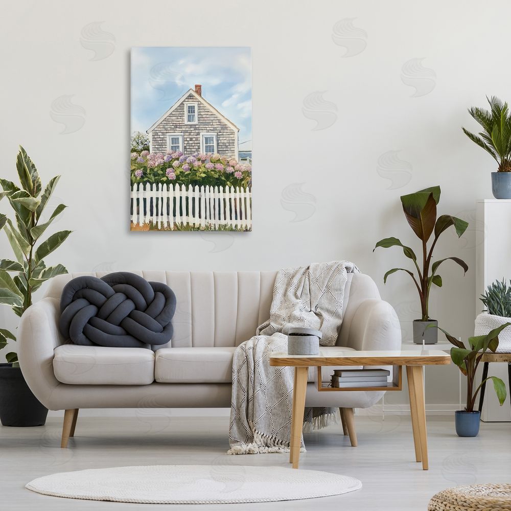 Sisi and Seb Coastal Cottage Hydrangea Garden Stretched Canvas Wall Art in Room