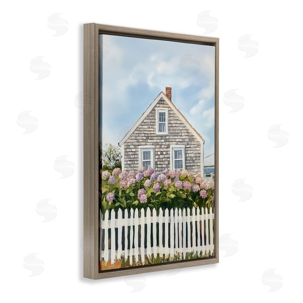 Sisi and Seb Coastal Cottage Hydrangea Garden Brown Floating Frame Canvas Wall Art Print
