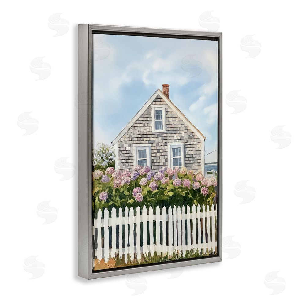 Sisi and Seb Coastal Cottage Hydrangea Garden Gray Floating Frame Canvas Wall Art Print