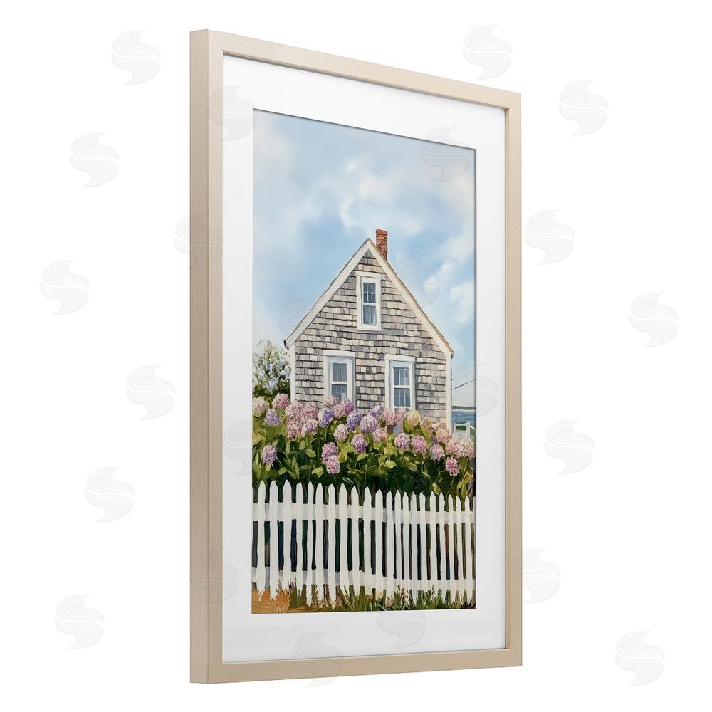 Sisi and Seb Coastal Cottage Hydrangea Garden Brown Framed Print Under Glass Wall Art