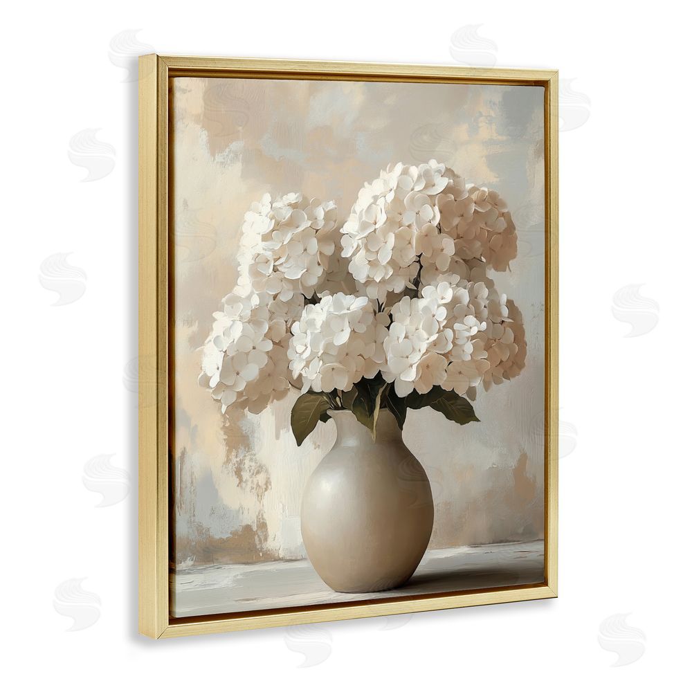 LSR Design Studio Vase of Hydrangeas in Bloom Gold Floating Framed Canvas Wall Art Print