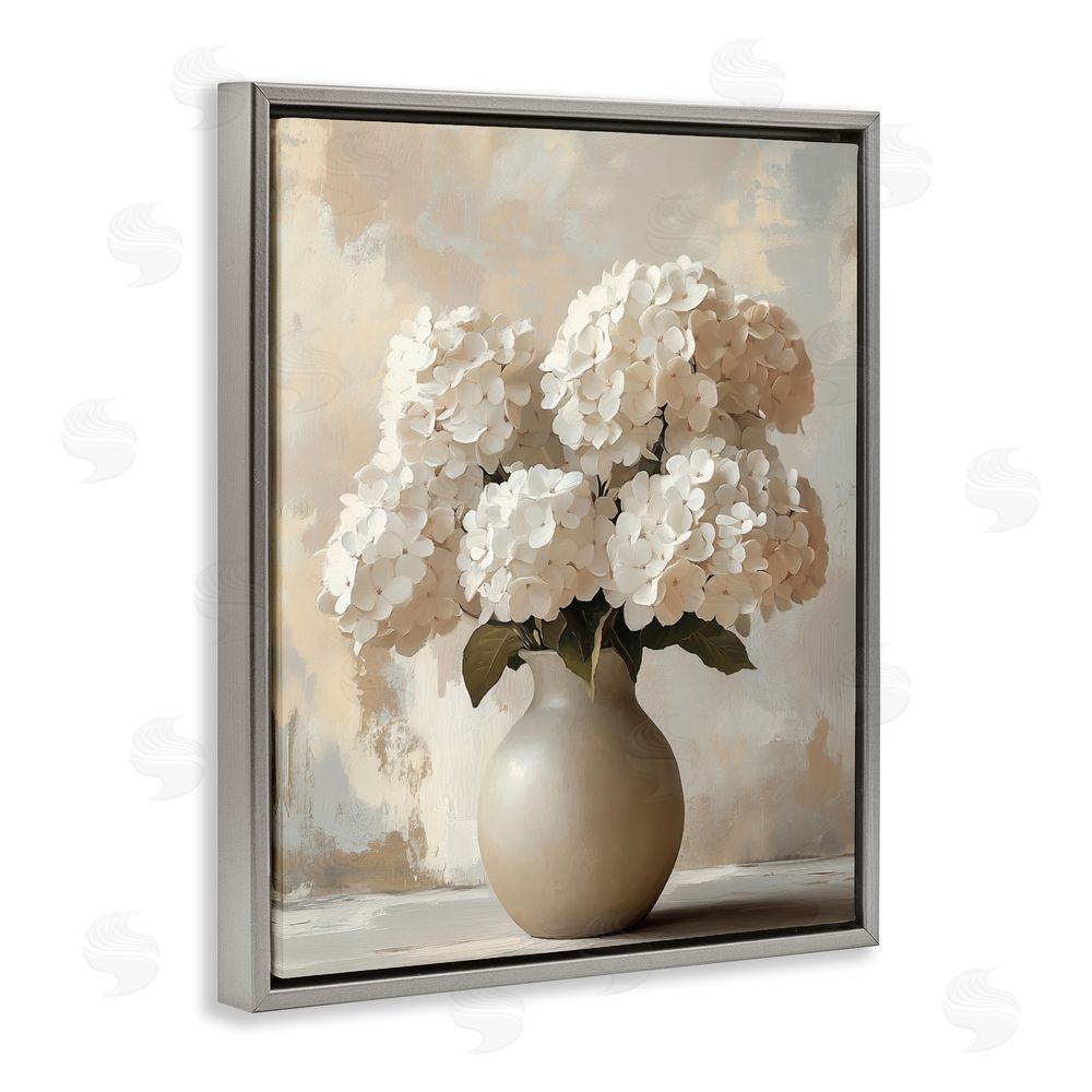 LSR Design Studio Vase of Hydrangeas in Bloom Gray Floating Framed Canvas Wall Art Print