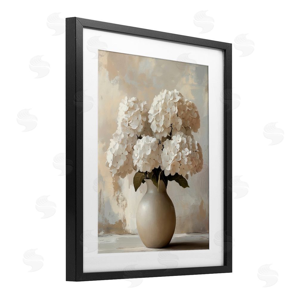 LSR Design Studio Vase of Hydrangeas in Bloom Black Framed Print Under Glass with White Mat Wall Art