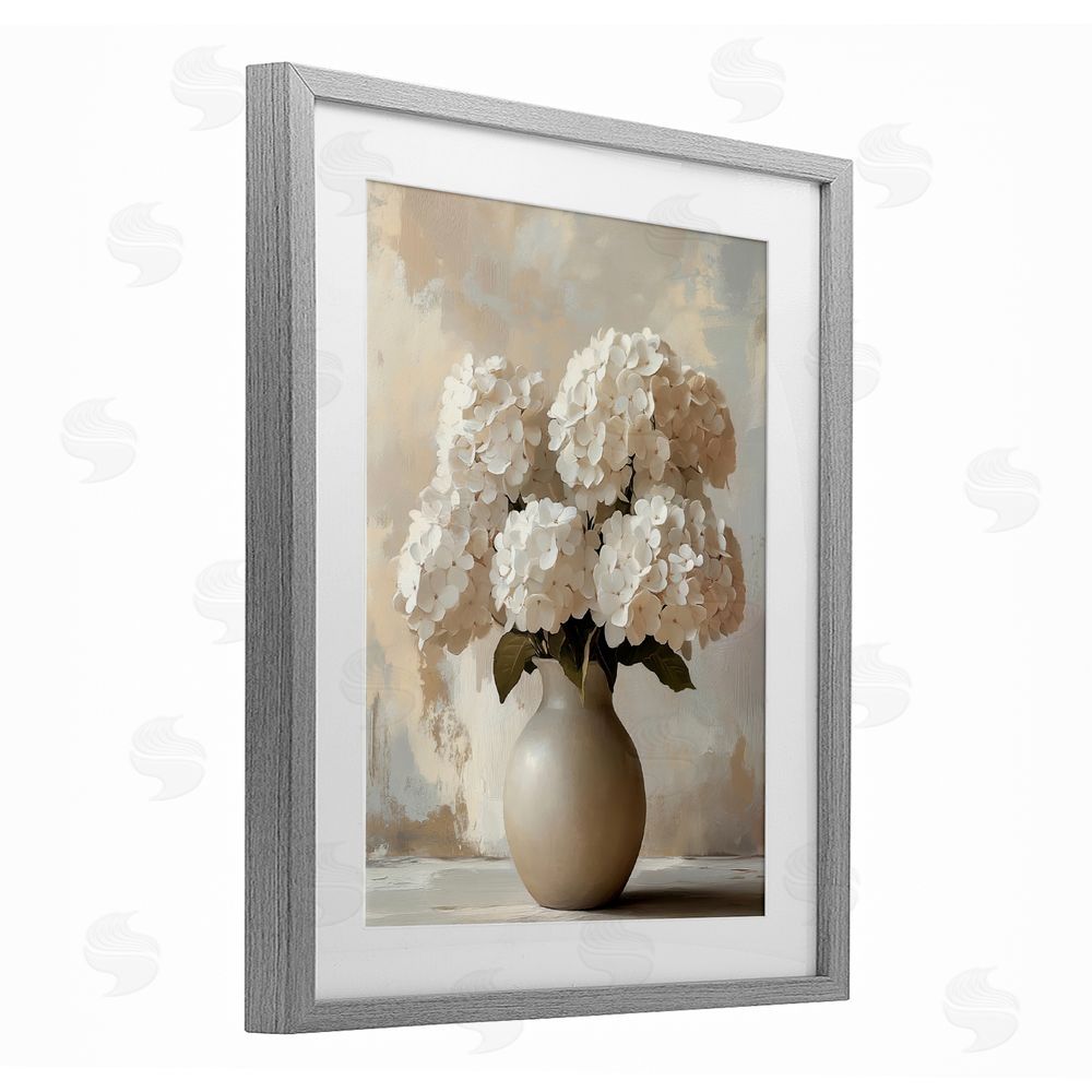 LSR Design Studio Vase of Hydrangeas in Bloom Gray Framed Print Under Glass with White Mat Wall Art