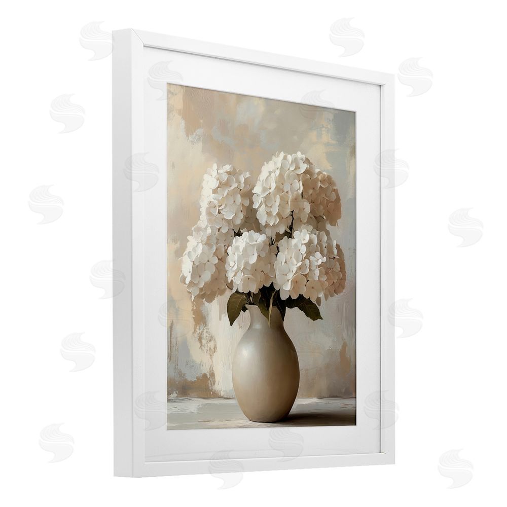 LSR Design Studio Vase of Hydrangeas in Bloom White Framed Print Under Glass with White Mat Wall Art