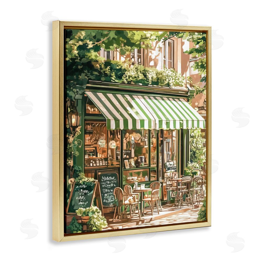 LSR Design Studio Coffee Shop Awning & Greenery Gold Floating Frame Canvas Wall Art Print