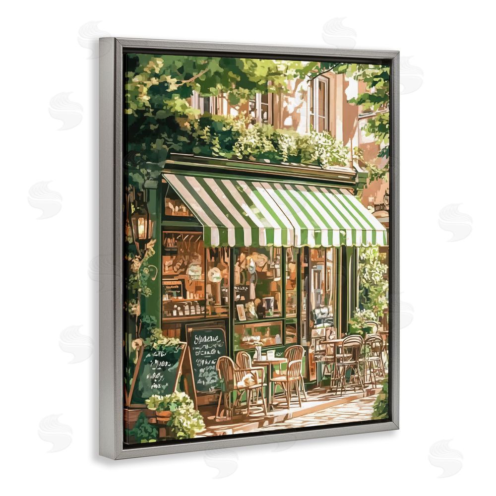 LSR Design Studio Coffee Shop Awning & Greenery Gray Floating Frame Canvas Wall Art Print
