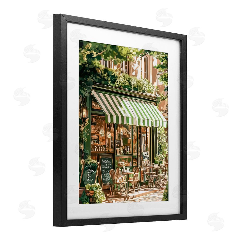 LSR Design Studio Coffee Shop Awning & Greenery Black Framed Print Under Glass Wall Art